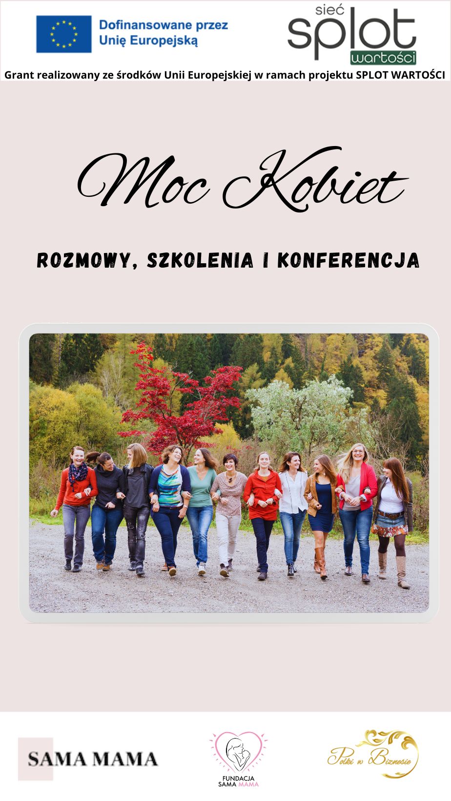 Plakat projektu Moc kobiet - grupa uśmiechniętych kobiet na tle kolorowych jesiennych drzew